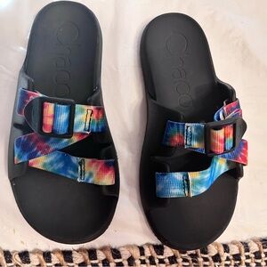 Chaco Sandals with Black Soles and Tie-Dye Straps